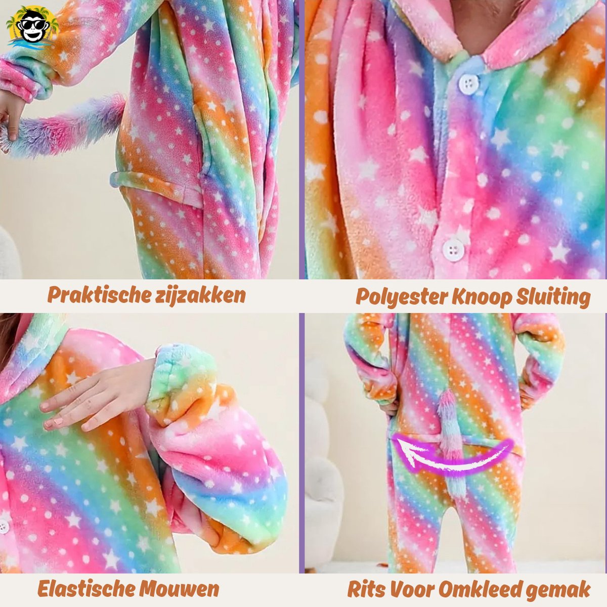 BoefieBoef Dieren Onesie Verkleedkleding Kinderen 5-9 jaar – Comfortabele Kostuum Pyjama – Maat 120 tot 140 – Dierenpak voor Jongens en Meisjes – Carnaval Verkleedkleding - Kerst, Dierenpak - of Verjaardag Cadeau - Eenhoorn Regenboog — afbeelding 4