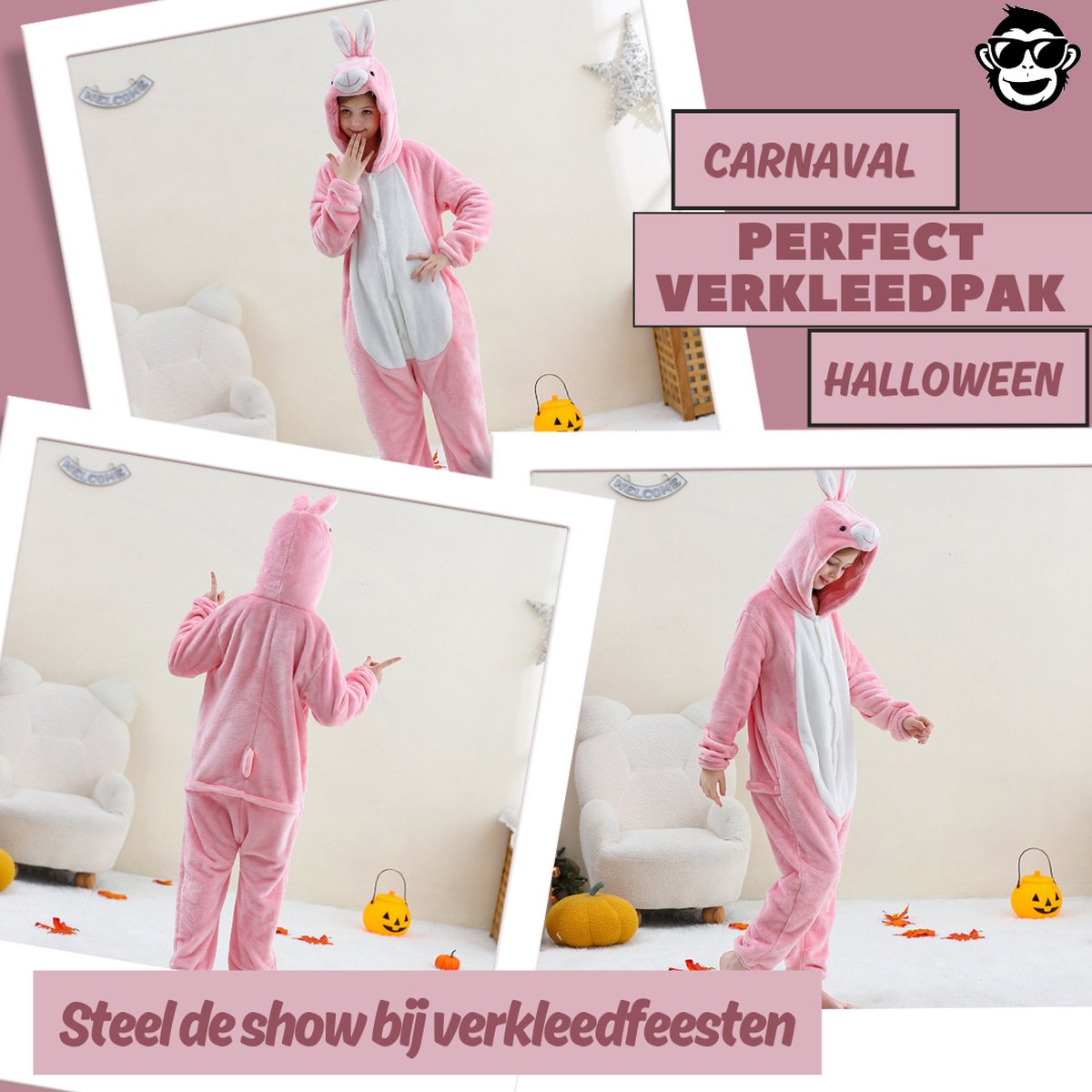 BoefieBoef Dieren Onesie Verkleedkleding Kinderen – Comfortabele Kostuum Pyjama – tot 140 – Dierenpak voor Jongens en Meisjes – Feest, Carnaval Verkleedkleding - Kerst, Dierenpak - of Verjaardag Cadeau - Konijn Roze — afbeelding 4
