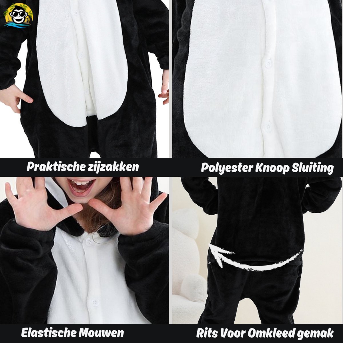BoefieBoef Dieren Onesie Verkleedkleding Kinderen jaar – Comfortabele Kostuum Pyjama – tot 160 – Dierenpak voor Jongens en Meisjes – Carnaval of Dierenpak - Verkleedkleding - Kerst- of Verjaardag Cadeau - Panda wit zwart — afbeelding 5