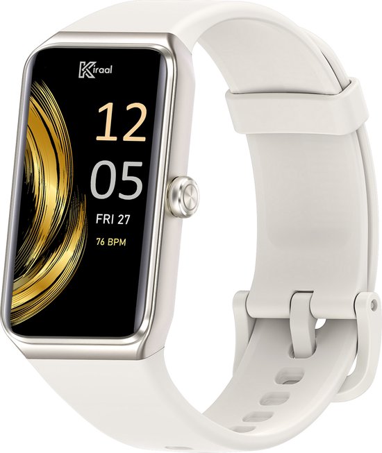Witte smartwatch met zilverkleurig frame en een zwart display met gouden accenten.