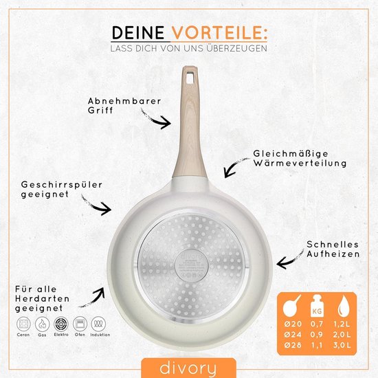 DIVORY Grote pan 28 cm, afneembare handgreep, inductie, gecoat, aluminium, grote braadpan pannenbeschermer, inductiepan