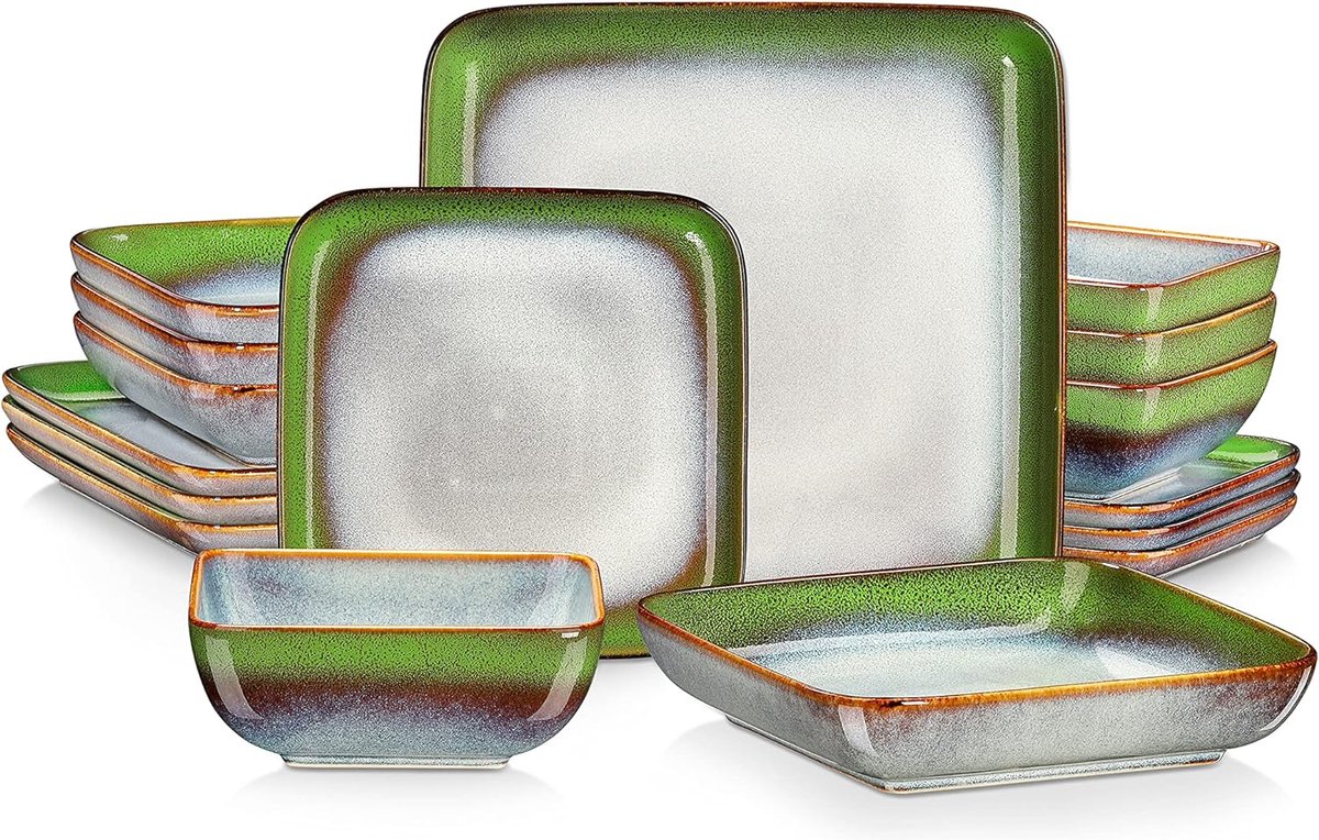 Luxe Serviesset – 16 delig – 4 persoons – Porselein - Bordenset – Dinner platen – Dessertborden - Kommen - Mokken - Schaaltjes - Groen