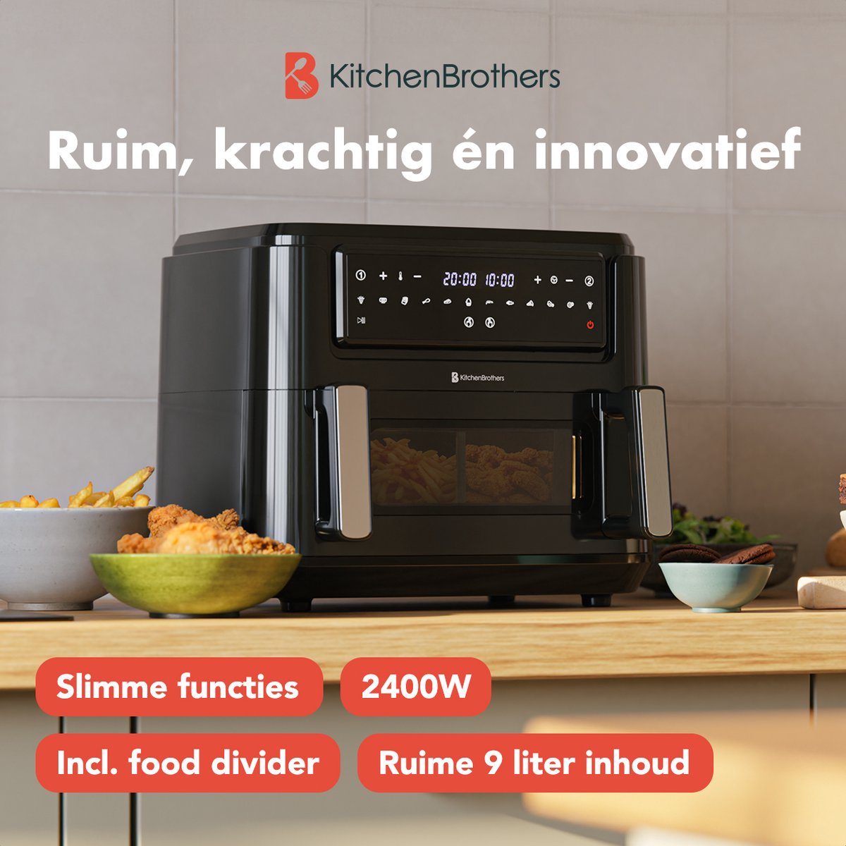 Afbeelding 2 van KitchenBrothers Dubbele Airfryer - 2400W - Dual Zone - 9L - Snackverdeler - Heteluchtfriteuse - Airfryer XXL - 10 Kookprogramma's - Zwart