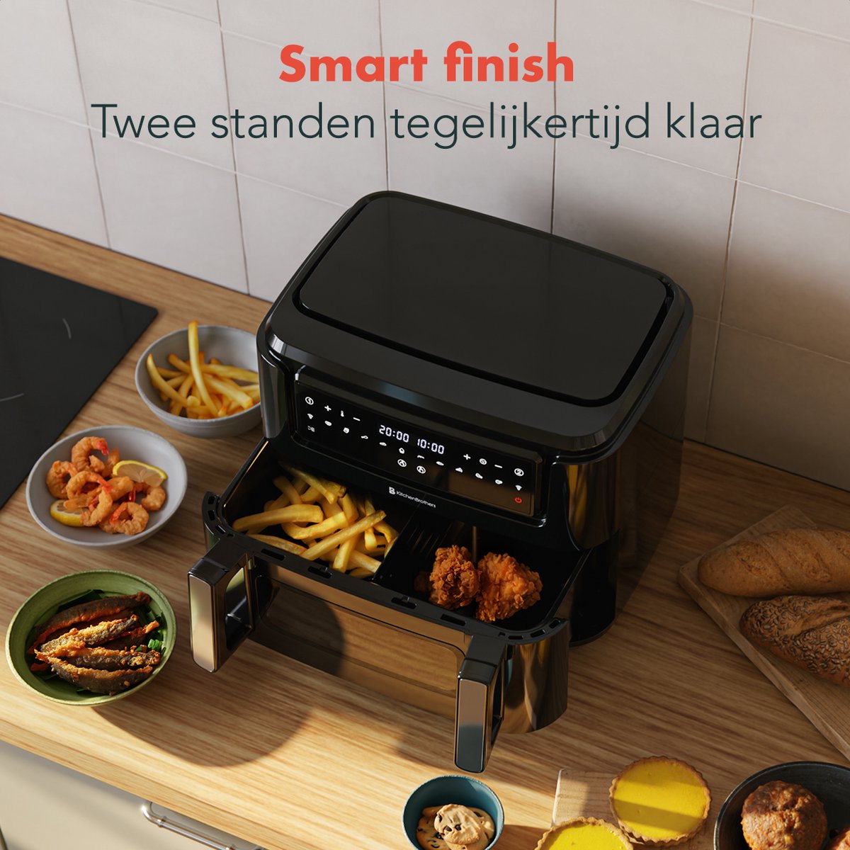 Afbeelding 3 van KitchenBrothers Dubbele Airfryer - 2400W - Dual Zone - 9L - Snackverdeler - Heteluchtfriteuse - Airfryer XXL - 10 Kookprogramma's - Zwart