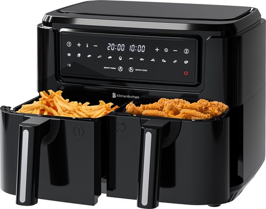 Foto: Kitchenbrothers airfryer xxl dual zone 9l 2400w heteluchtfriteuse dubbele mand 50 c tot 200 c 10 kookprogramma s zwart