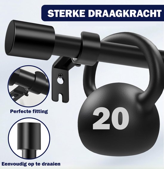 Zware zwarte gordijnroede met een 20kg gewicht, ter demonstratie van de draagkracht.