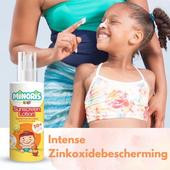 Minoris Baby Zonnebrandlotion SPF 50+ 150 ML| Biologisch, Natuurlijk & Minerale Inhoud | Zonnebescherming voor Gevoelige Huid | Hypoallergeen, Vegan, Rifvriendelijk, Waterbestendig, Breedspectrum, Dermatologisch Getest