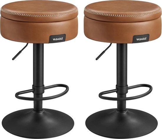 FurnStar - Barkruk - Set van 2 - 360° Draaibare Barkruk - In Hoogte Verstelbare Barstoel - Met Opbergruimte - Kunstleer - Naden - Mid-Century Moderne Stijl - Keuken - Huisbar - Eenvoudige Montage - Karamelbruin