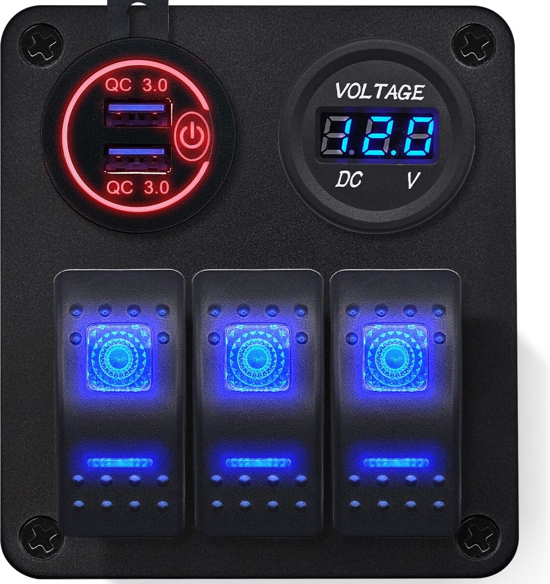 ProRide Schakelpaneel 12V voor Auto/Boot - USB C Lader 2 Poorten met Voltmeter/Wattagemeter - 45W/QC3.0 - 3 Schakelaars