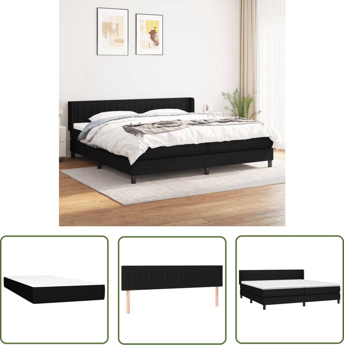 The Living Store Boxspring met matras stof zwart 200x200 cm - Bed