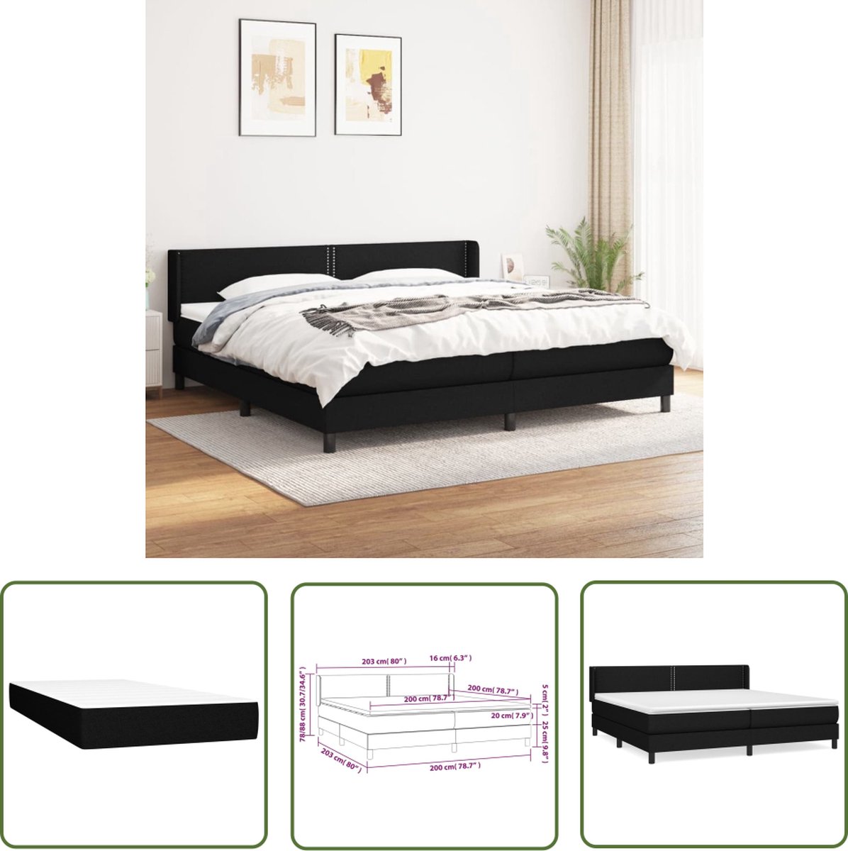 The Living Store Boxspringbed - Pocketvering - 203x203x78/88 cm - Zwart