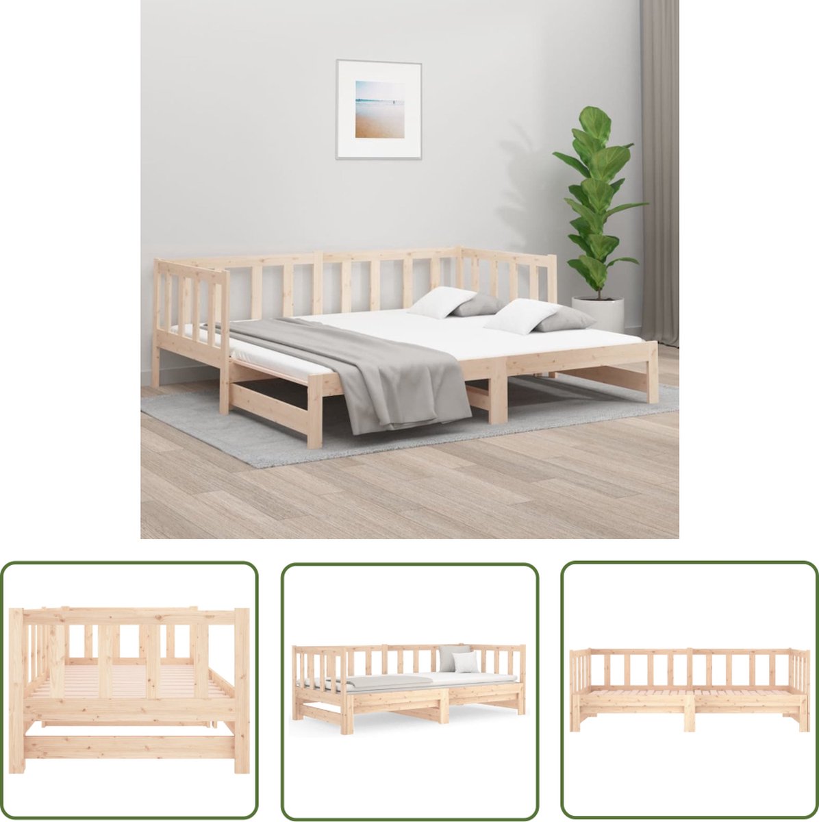 The Living Store Massief Grenenhouten Uitschuifbare Slaapbank - 203.5 x 160 cm - Gelat Ontwerp - Eenvoudig in Gebruik - Stevig - Duurzaam - Bedframe zonder Matras - Montagehandleiding Inbegrepen