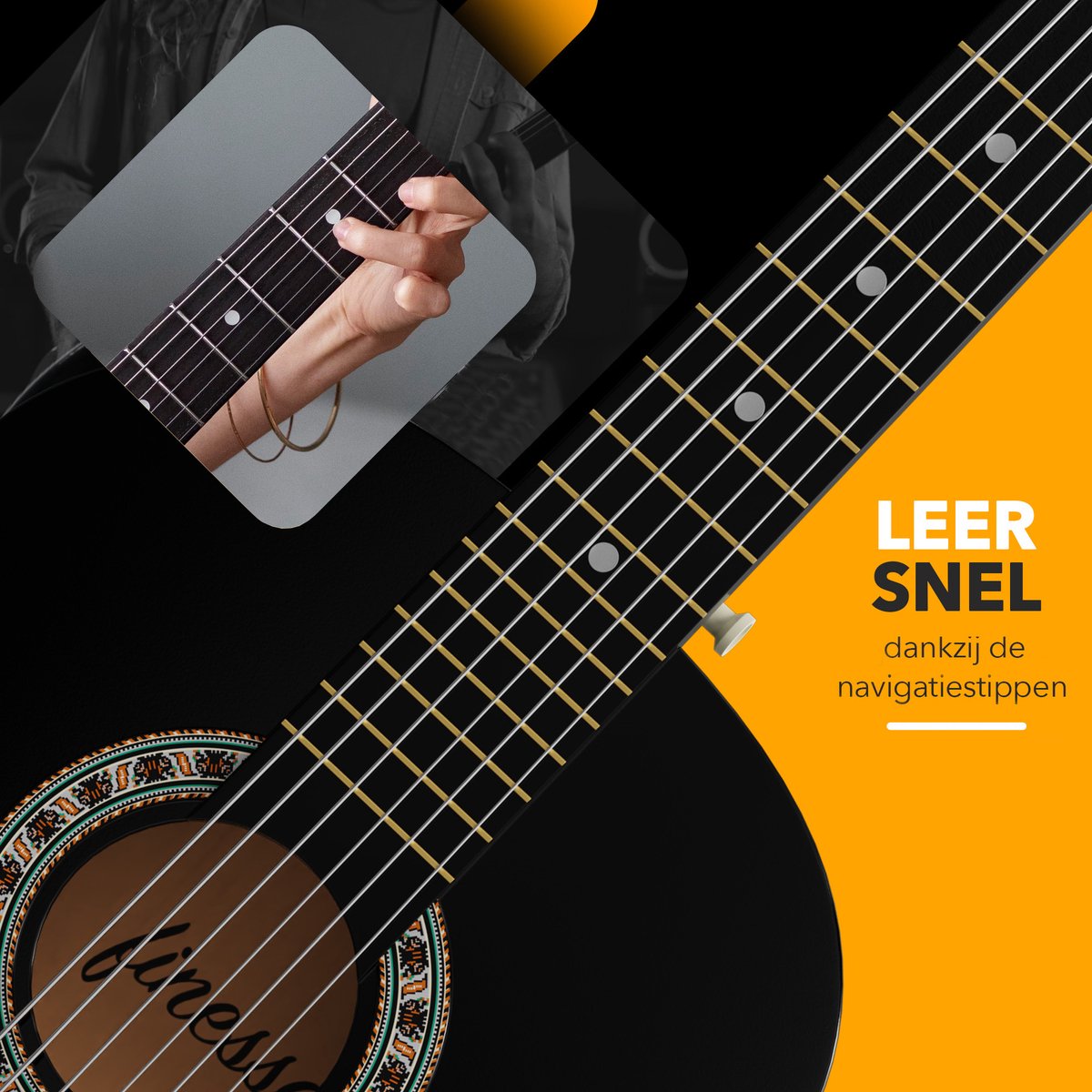 Finesse Akoestische Gitaar - met Videocursus - Nylon Snaren - Klassieke Gitaar - Spaanse Gitaar - Kind - Volwassenen - Zwart thumbnail 3