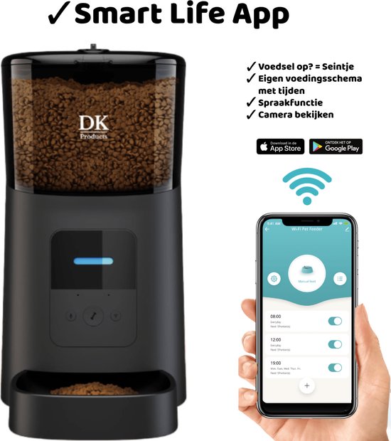 DKProducts.nl Automatische voerbak zwart - Voerautomaat met app - Smartphone Besturing - Voerinhoud 6 Liter - Voor Katten- en Hondenvoer - Droogvoer - Voedingsschema - WiFi - Automatische voerbak kat - Automatische voerbak
