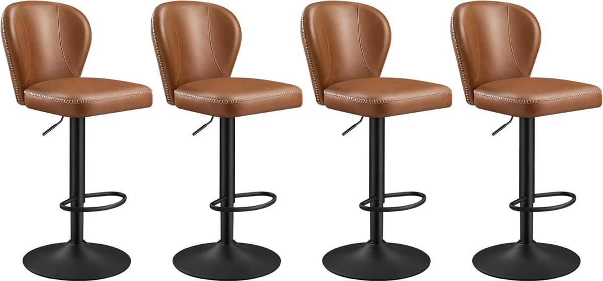 FurnStar Barkruk - 360° Draaibare Barkruk - Set van 4 - In Hoogte Verstelbare Barstoel met Rugleuning - Kunstleer - Naden - Mid-Century Moderne Stijl - Keuken - Huisbar - Eenvoudige Montage - Karamelbruin