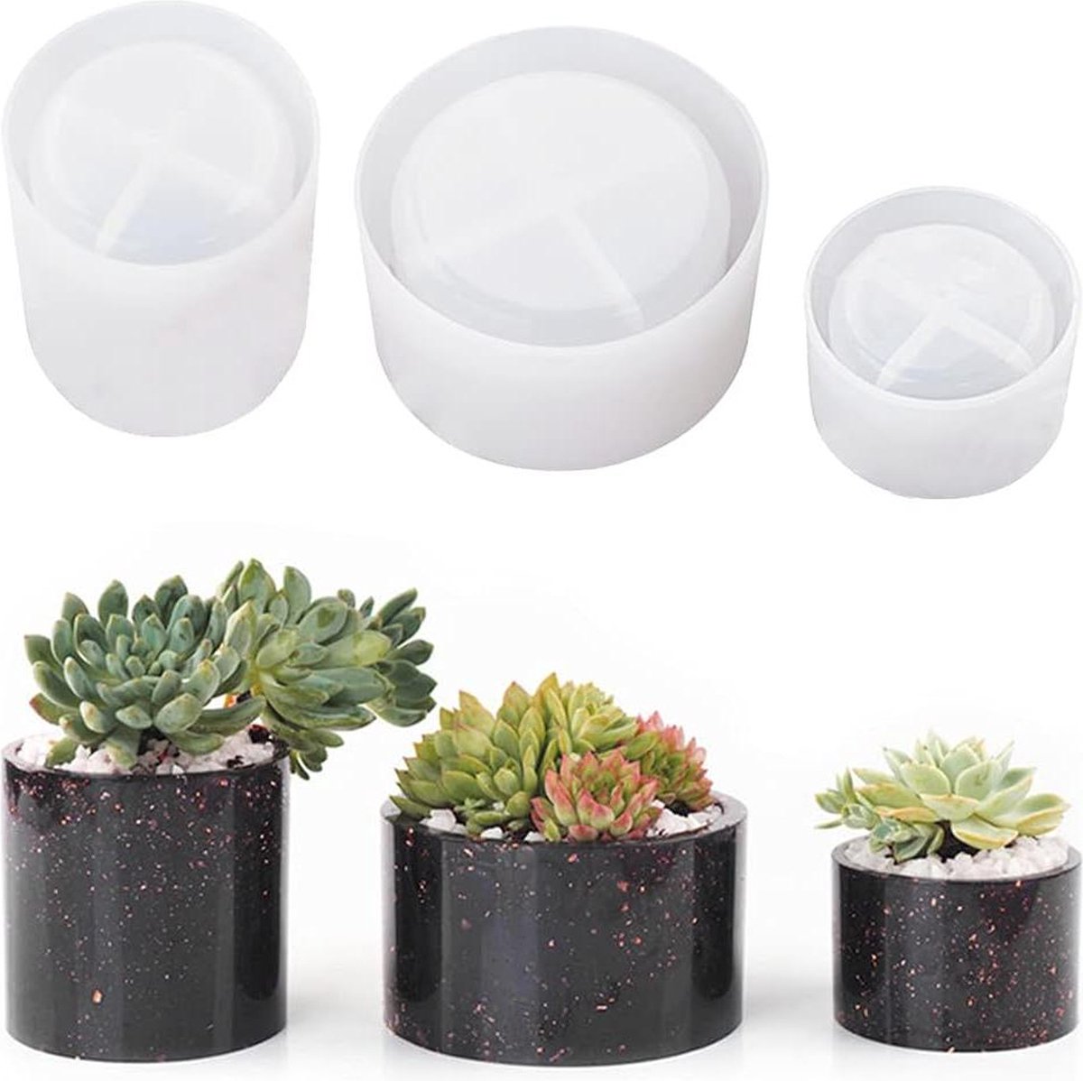 3Pcs Resin Mold Concrete Flower Pot Silicone Mold for Succulent Plant Pots - Candle Holder Epoxy Mold - Mini Plant Vase Molds for Jewelry-Makeup Brush-Pen Holder (S+M+L)
