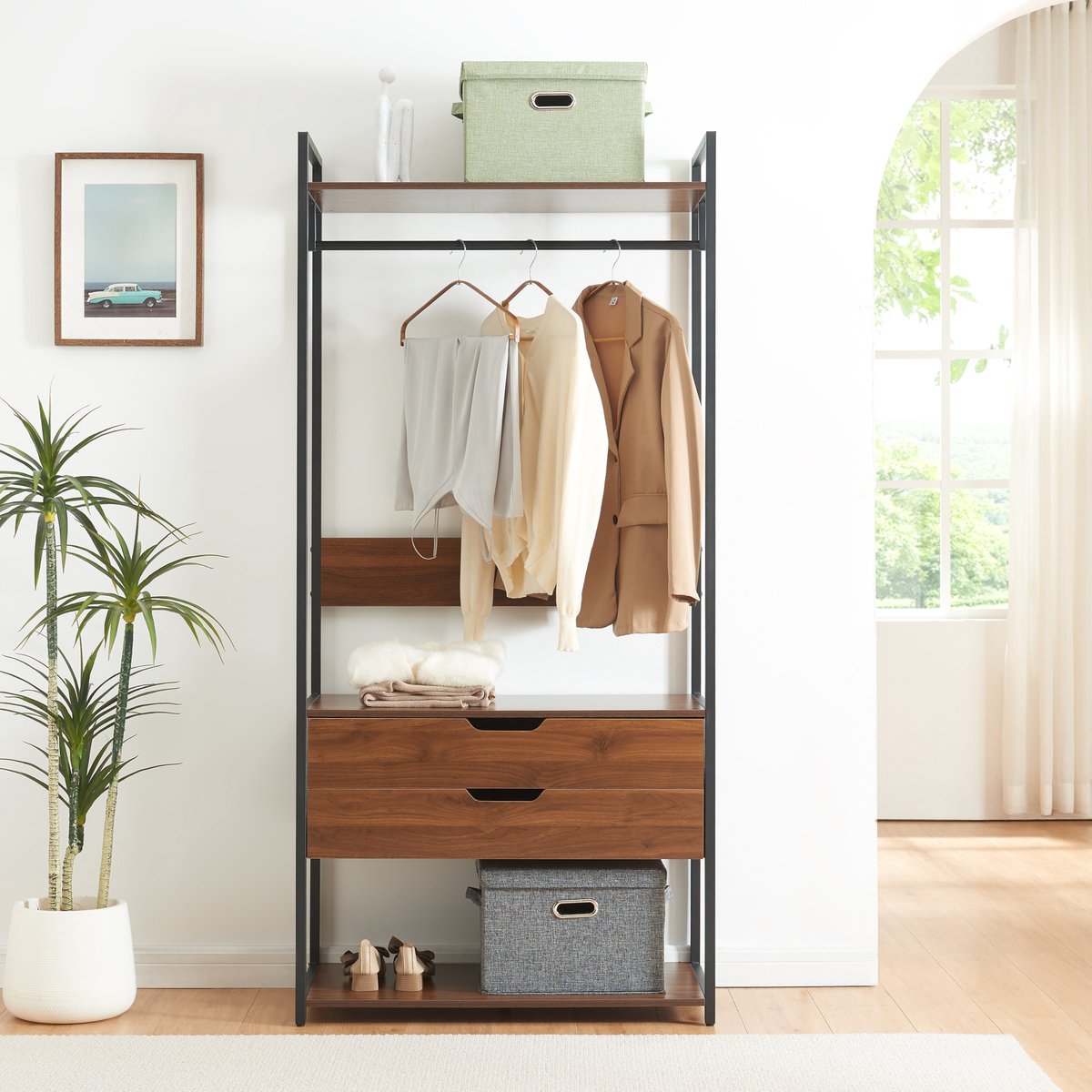 en.casa Kledingkast Larem met 2 lades 180x84x40 cm zwart en walnootkleurig [en.casa]