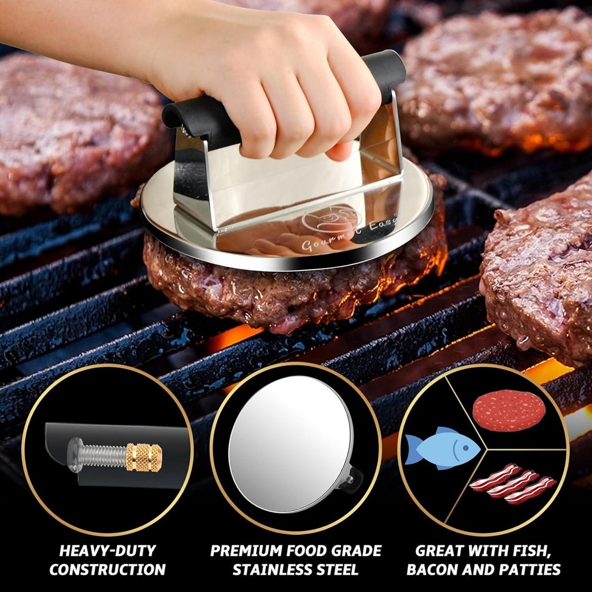 Smash Burger Press, Presse Viande Hachée, Fonte 16,5cm Pour Grillades Sans Ptfe Victoria Noir 36843 95992560