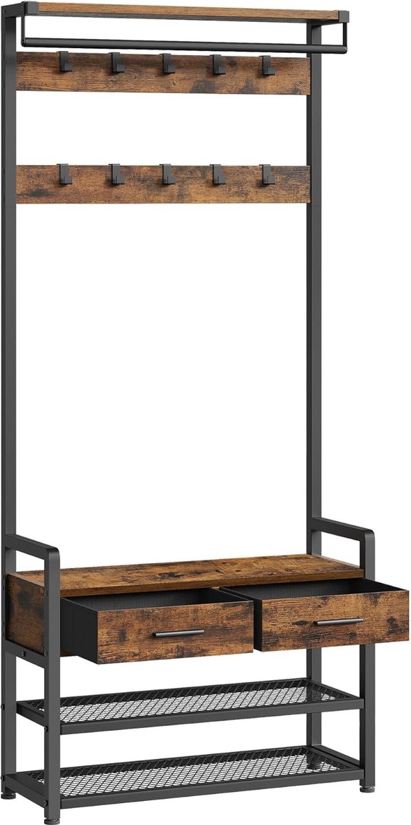 FurnStar - Kapstok met schoenenbank - garderobe - schoenenopslag - 2 laden van stof - 10 haken - 6 zijhaken - 30 x 80 -4 x 181 -6 cm - vintage bruin-inktzwart