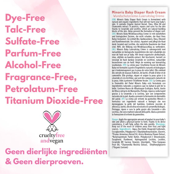 Minoris Baby Luieruitslagcrème - Zinkoxide, Zinkzalf, Biologische & Minerale Inhoud, Directe Verlichting & Langdurige Bescherming, Zachte Verzorging met Sheaboter, Geurvrij, Dermatologisch Getest, Vegan, 55g