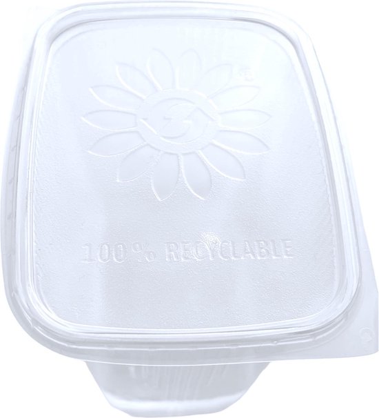 Transparant vierkant bakje met deksel, schuin van voren gefotografeerd. De deksel toont een ingedrukt bloemlogo en '100% RECYCLABLE'.