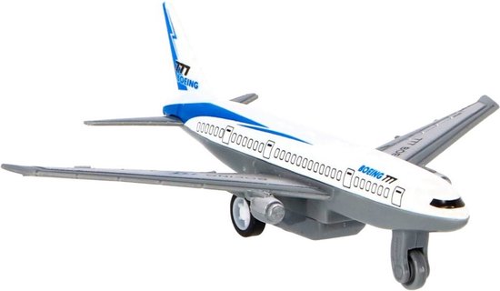 Wit vliegtuigmodel met blauwe strepen, 'Boeing 777' opschrift, grijze vleugels en landingsgestel.