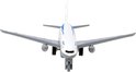 Frontview van wit vliegtuigmodel met blauwe strepen, 'Boeing 777' opschrift en grijze vleugels.