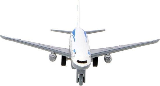 Frontview van wit vliegtuigmodel met blauwe strepen, 'Boeing 777' opschrift en grijze vleugels.