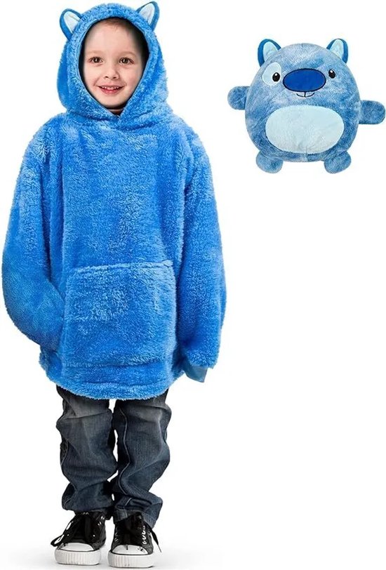 Jojoy Blauw Puppy - Kids Hoodie Blanket - Knuffel & Hoodie in 1 - Deken met mouwen - Fleece deken - Oversized Hoodie - PILLOWPET