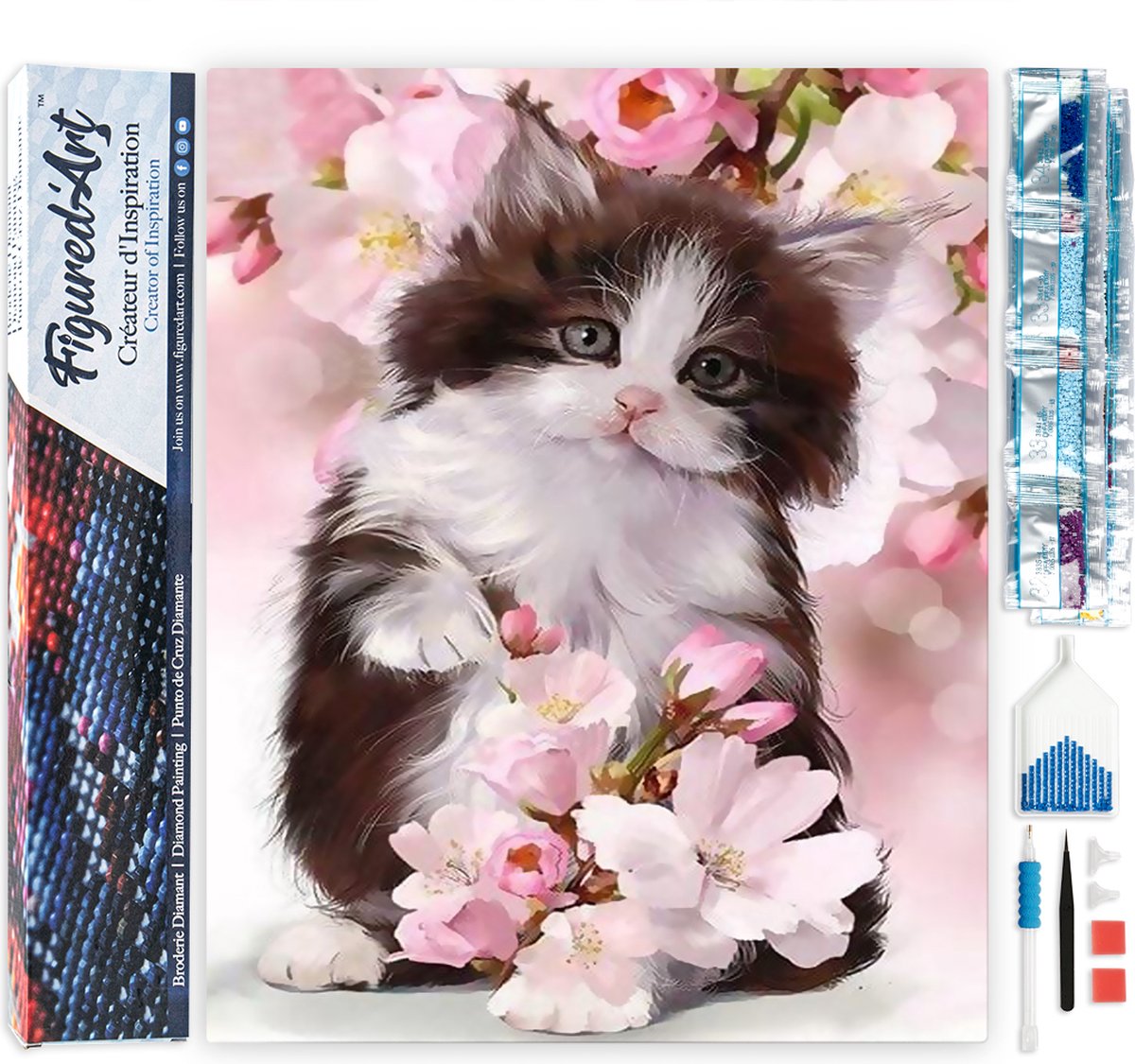 Figured'Art Diamond Painting set Volwassenen 40x50 cm Kat en bloemen - 5D DIY Art full drill vierkante diamant - Opgerold canvas