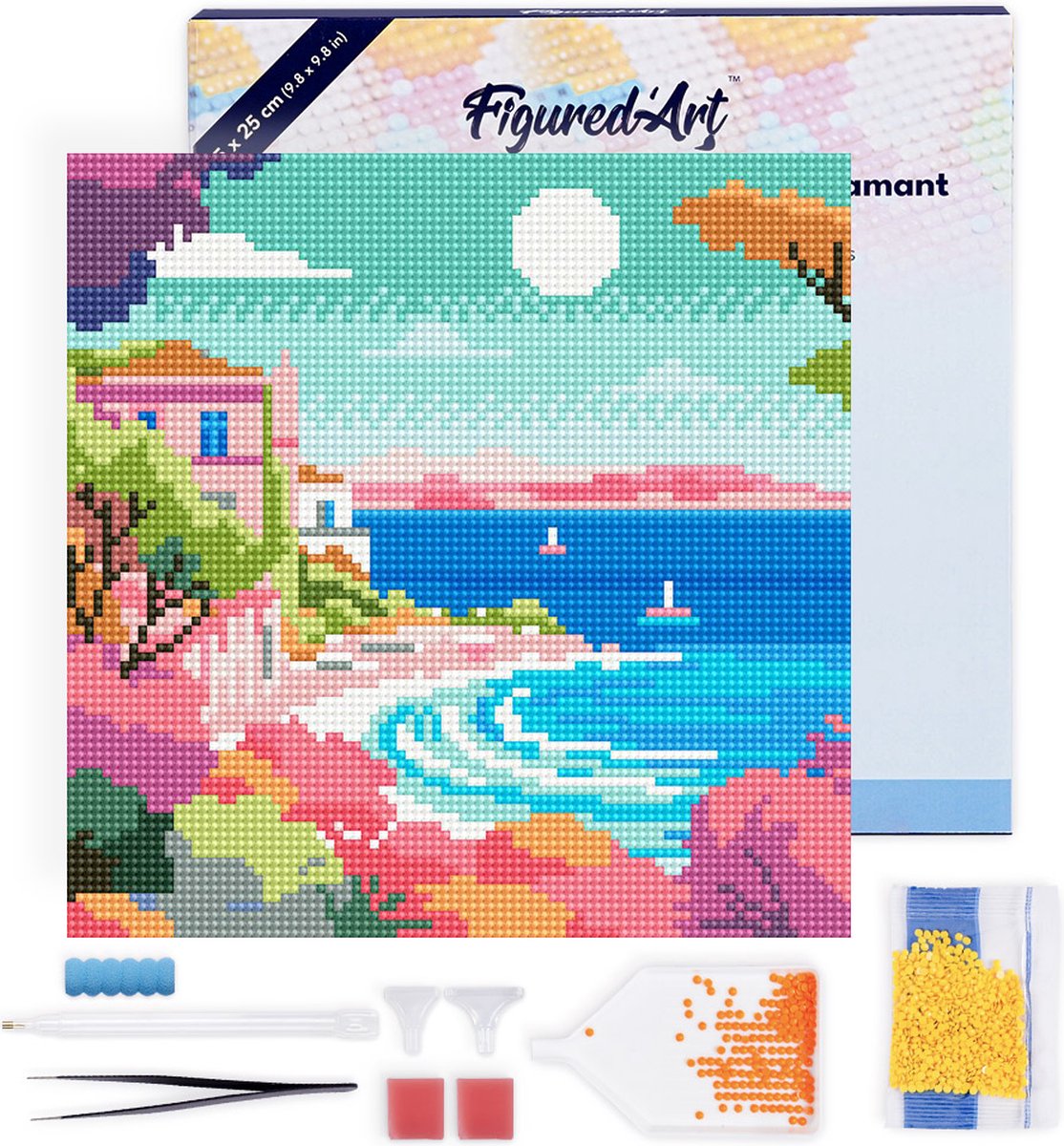 Figured'Art Mini Diamond Painting set Volwassenen 25x25 cm met lijst Kleurrijke Franse Riviera - 5D DIY Art full drill ronde diamant - Canvas al ingelijst