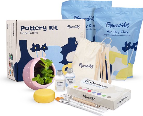 Figured'Art Pottenbakken Set voor Volwassenen met Premium Zelfhardende Klei, 2 kg, Zonder Oven voor Beginners, Luchtdrogend. 100% Gebruiksklaar met Gereedschap, Verf, Penselen, Vernis & Handleidingen