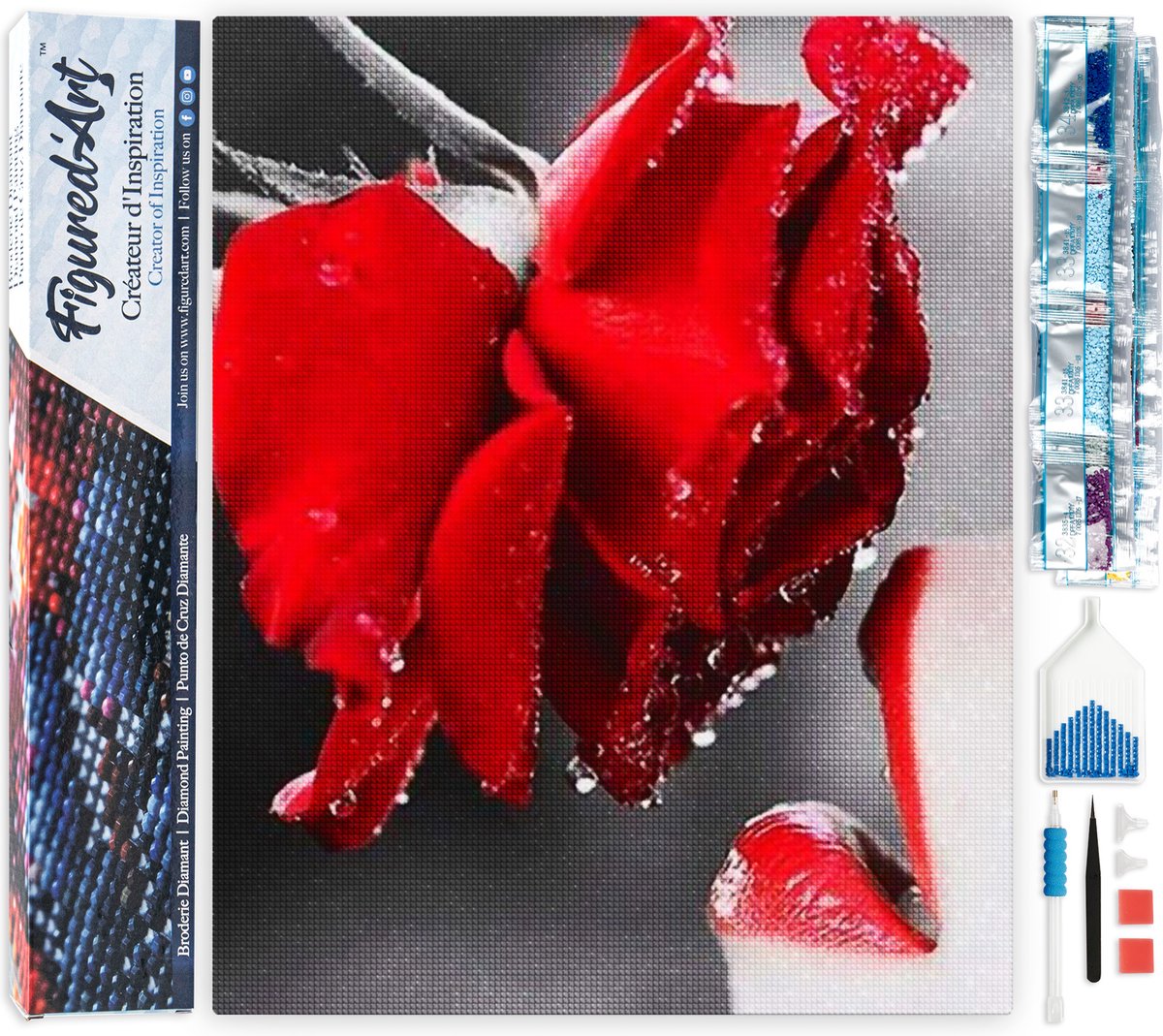 Figured'Art Diamond Painting set Volwassenen 40x50 cm Rode roos en lippen - 5D DIY Art full drill vierkante diamant - Opgerold canvas