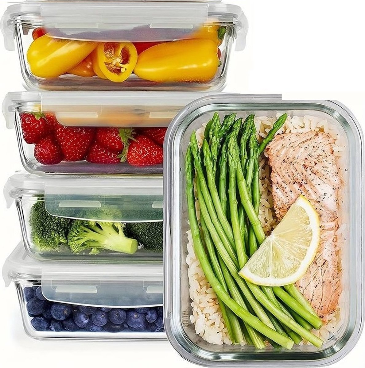Weissberg glazen medium vershoudbakjes 620 ml (5 stuks) meal Prep met deksel magnetronbakjes vershouddoos luchtdicht - 17x12,5x5cm