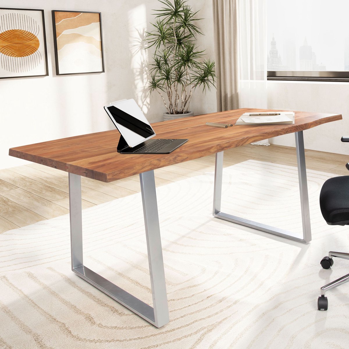 Bureautafel - Massief Houten Bureau - Modern Design - Expressieve Boomranden - Natuurlijke Houtnerf - Trapeziumvormige Metalen Poten - 200cm x 100cm x 76cm