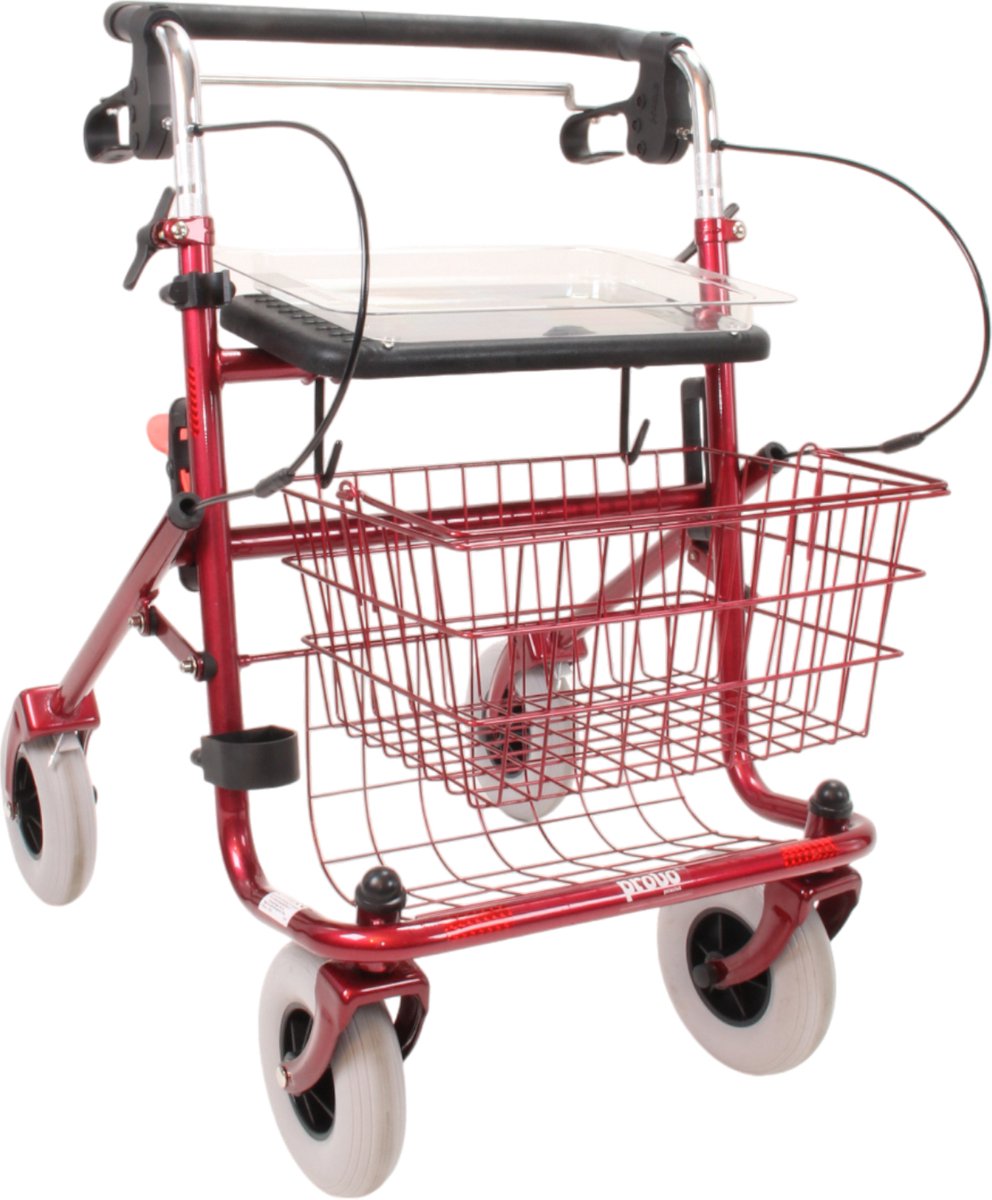 Goedkoopste Premis Provo Rollator 2e generatie - Duwstang met beugel-loop-rem onder - Incl mand, stokhouder en dienblad - Metallic Rood