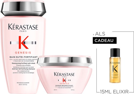 Kérastase Genesis Bain Nutri-Fortifiant shampoo en Masque Reconstituent masker, met een 15ml Elixir cadeau.