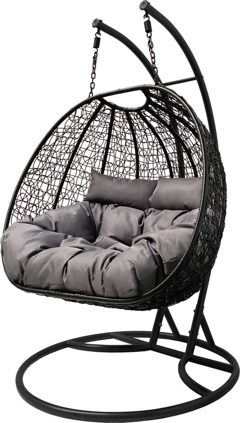 Rijoka Hangstoel Dubbel Eggy Twisted Schommelstoel – Zwart Rattan- 2persoons - Grijs kussen