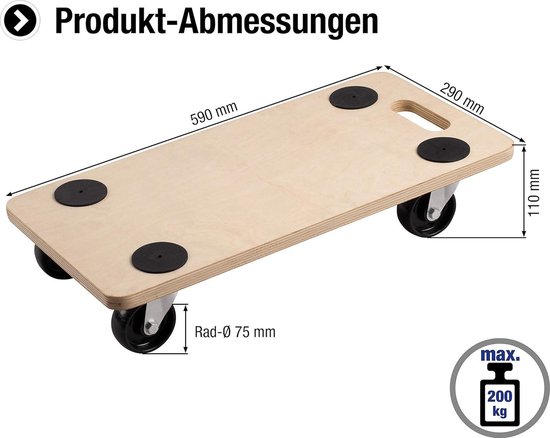 Meister Transportroller 590x290 Mm Mit MDF-Platte – 200 Kg Tragkraft, TPE-Rollen – Für Umzug & Möbel, Bodenschonend