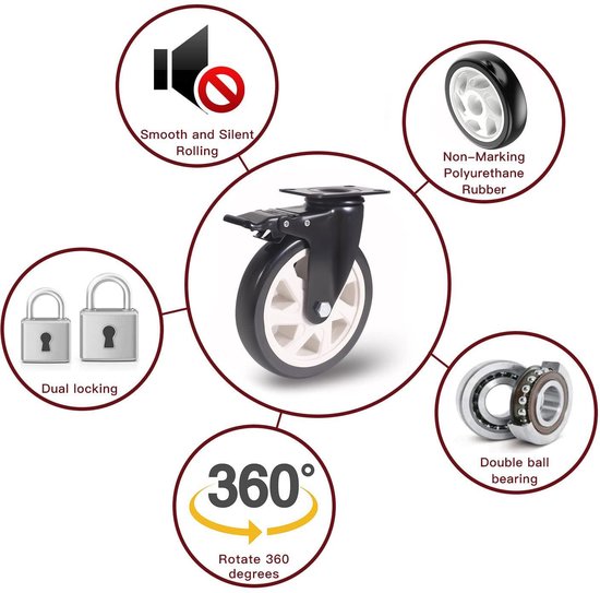 RRIUTO Draaibaar wiel met rem 150 mm, 4 wielen voor meubels, wielen, zware belasting, wiel industriële platen, transport, max. 1000 kg (16 bouten en moeren, 16 schroeven, 2 moersleutels inbegrepen