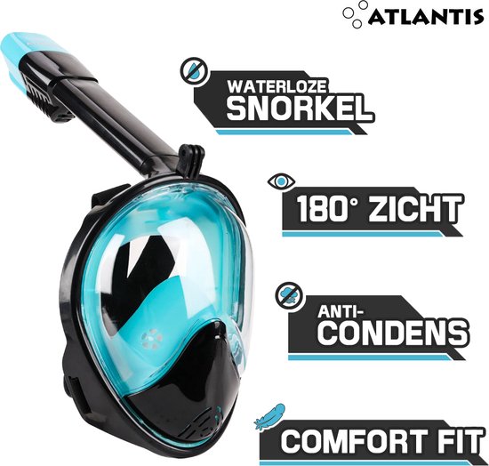 Atlantis Snorkelmasker 2.0 - Duikbril - Snorkel - Snorkelset - Full Face Masker - Volwassenen - Zwart/Turquoise - L/XL