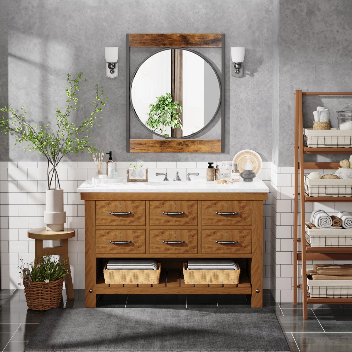 Vintage Ronde Muur Spiegel - Dubbel Metalen Frame - Decoratieve Spiegel met Vierkant Houten Frame - Voor Woonkamer, Badkamer & Entree Muurdecor - 63x76 cm (LxH)