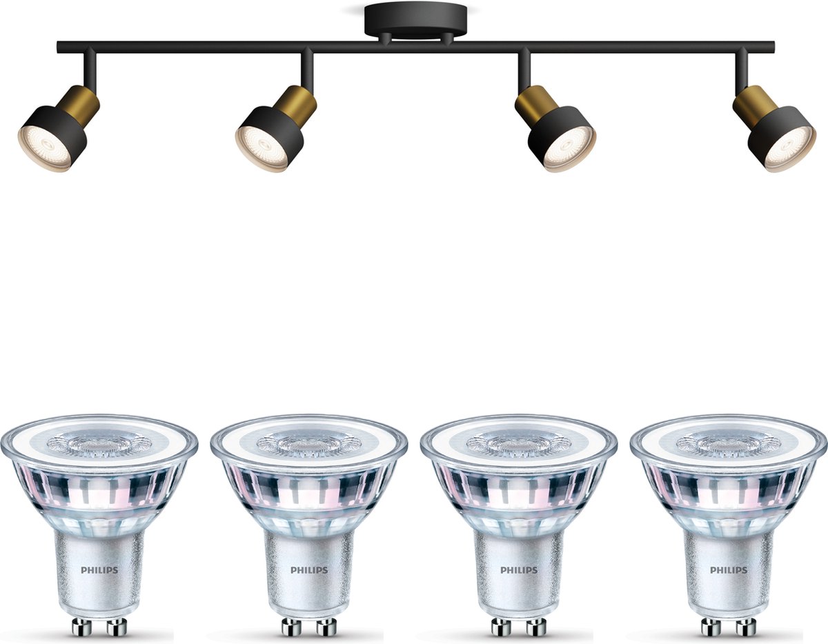 Philips Conduit Opbouwspot (Zwart/Goud) - Warmwit Licht - Plafondspot met 4 Lichtpunten - 
