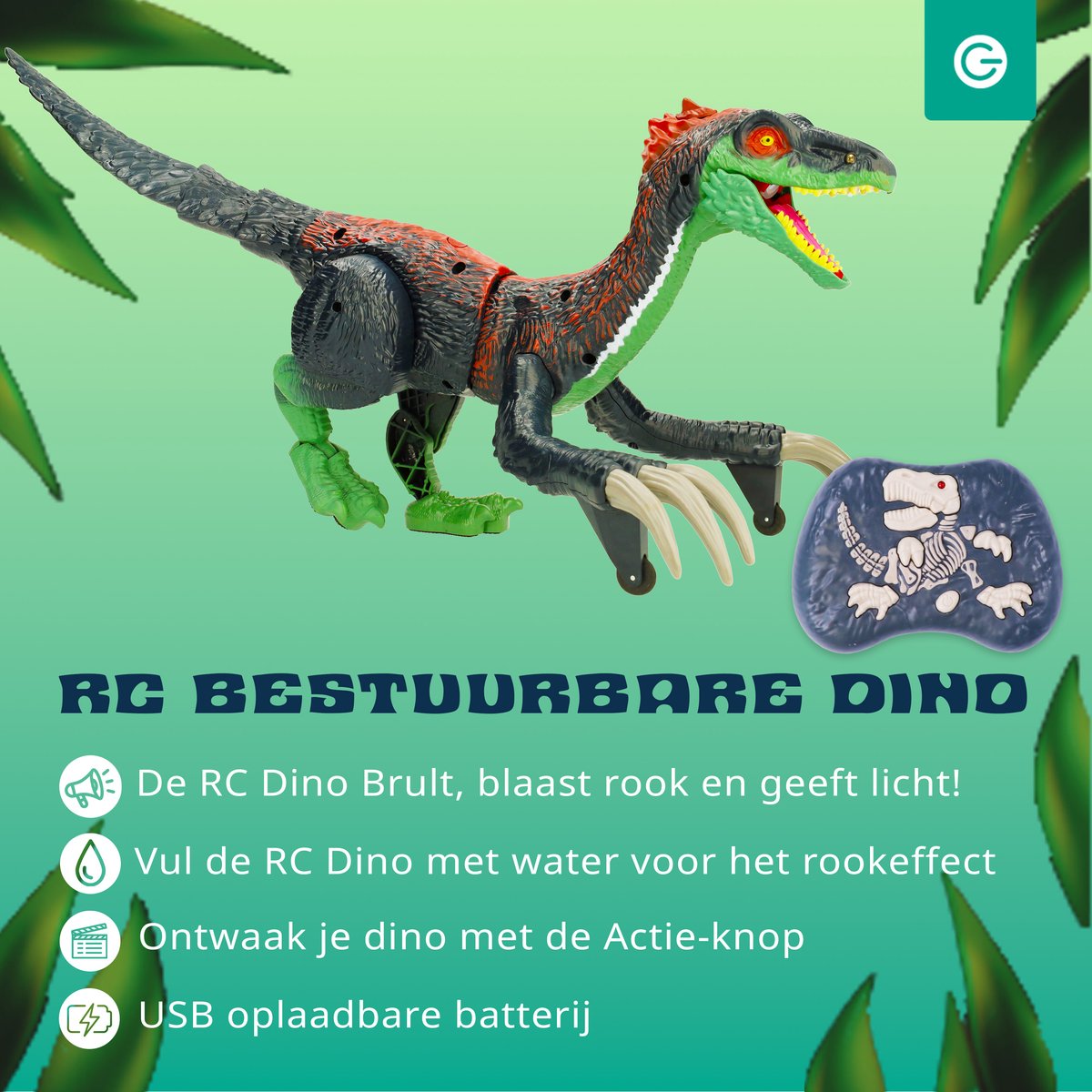 Silvergear RC Dino - Rook, Licht & Geluid - Afstandbestuurbaar Interactief Dinosaurus Speelgoed - Bestuurbare Auto - Jurassic Dieren - Dino Spel - Dinosaurussen Speelfiguren - Therizinosaurus - Cadeau voor Jongens en Meisjes - Groen — afbeelding 2