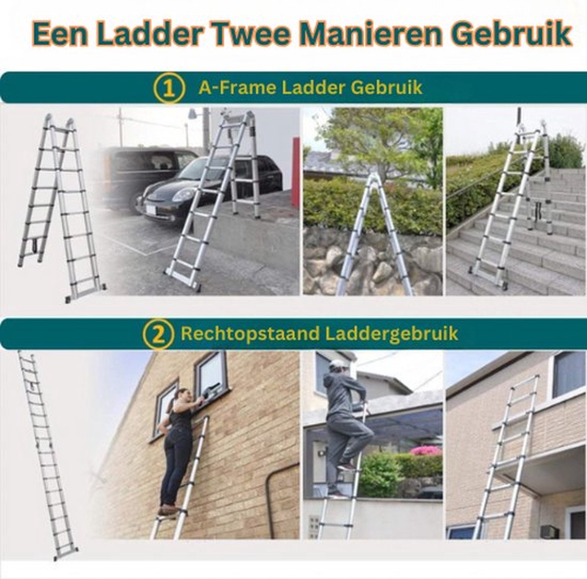 Professionele Telescoopladder – 5 Meter – Telescopische Vouwladder – Inklapbaar – Soft Close – 150KG Draagvermogen – Aluminium – foto 2