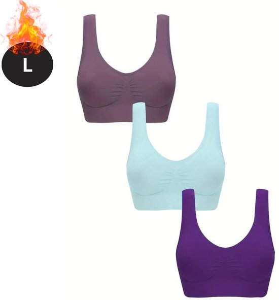 HBselect Beha zonder beugel, V-hals, zacht en ademend, comfortabele beha zonder naden met Jelly Strip, T-shirt bralette met verlenging, 3 x (zwart, beige, groen), M
