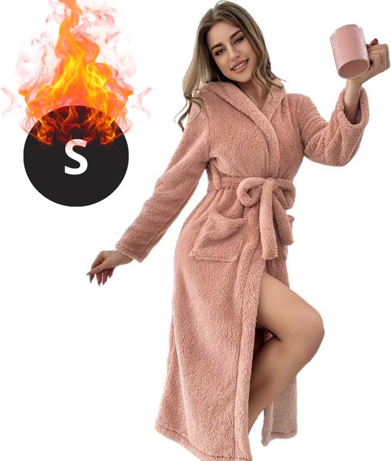 Livano Badjas Dames - Fleece - Katoen - Badstof - Sauna - Hamam - Wafel - Bathrobe - Duster - Ochtendjas - Kimono - Perzik S