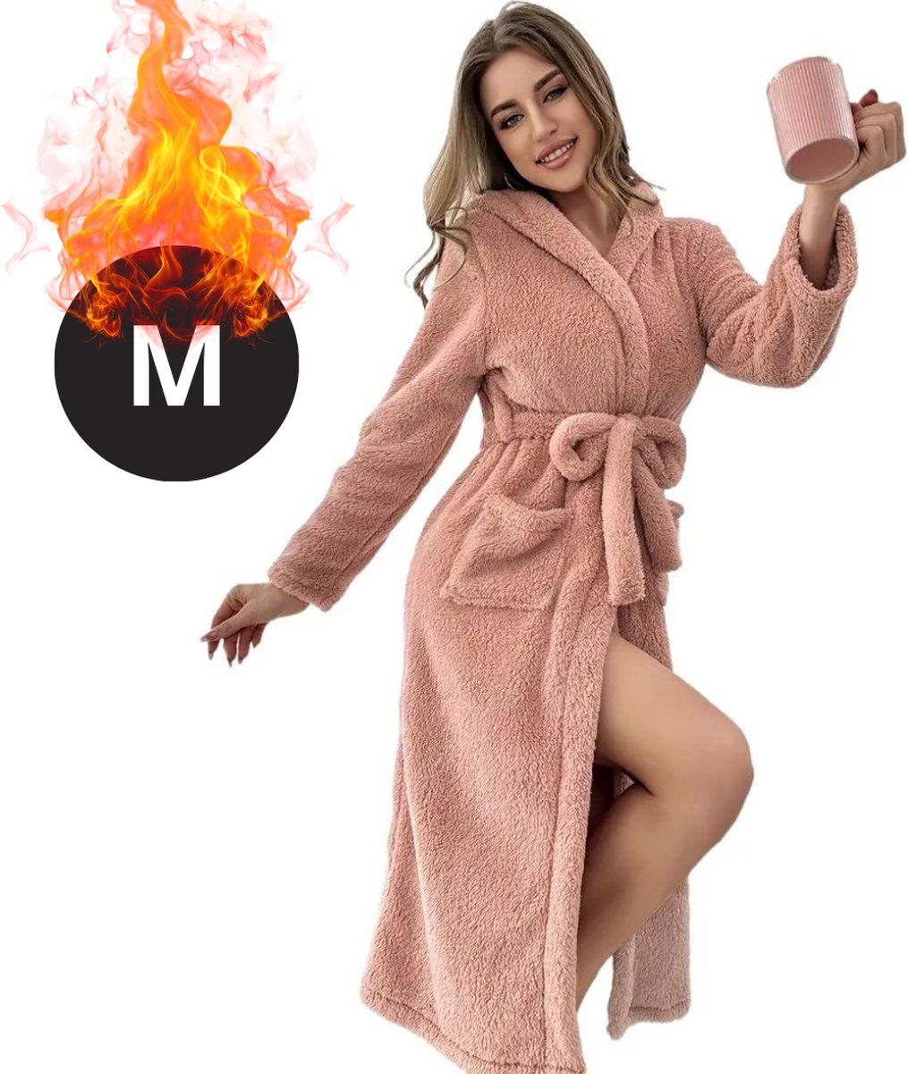 Livano Badjas Dames - Fleece - Katoen - Badstof - Sauna - Hamam - Wafel - Bathrobe - Duster - Ochtendjas - Kimono - Perzik