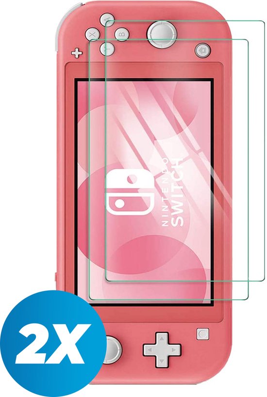 Koraalkleurige Nintendo Switch Lite met twee screenprotectors.