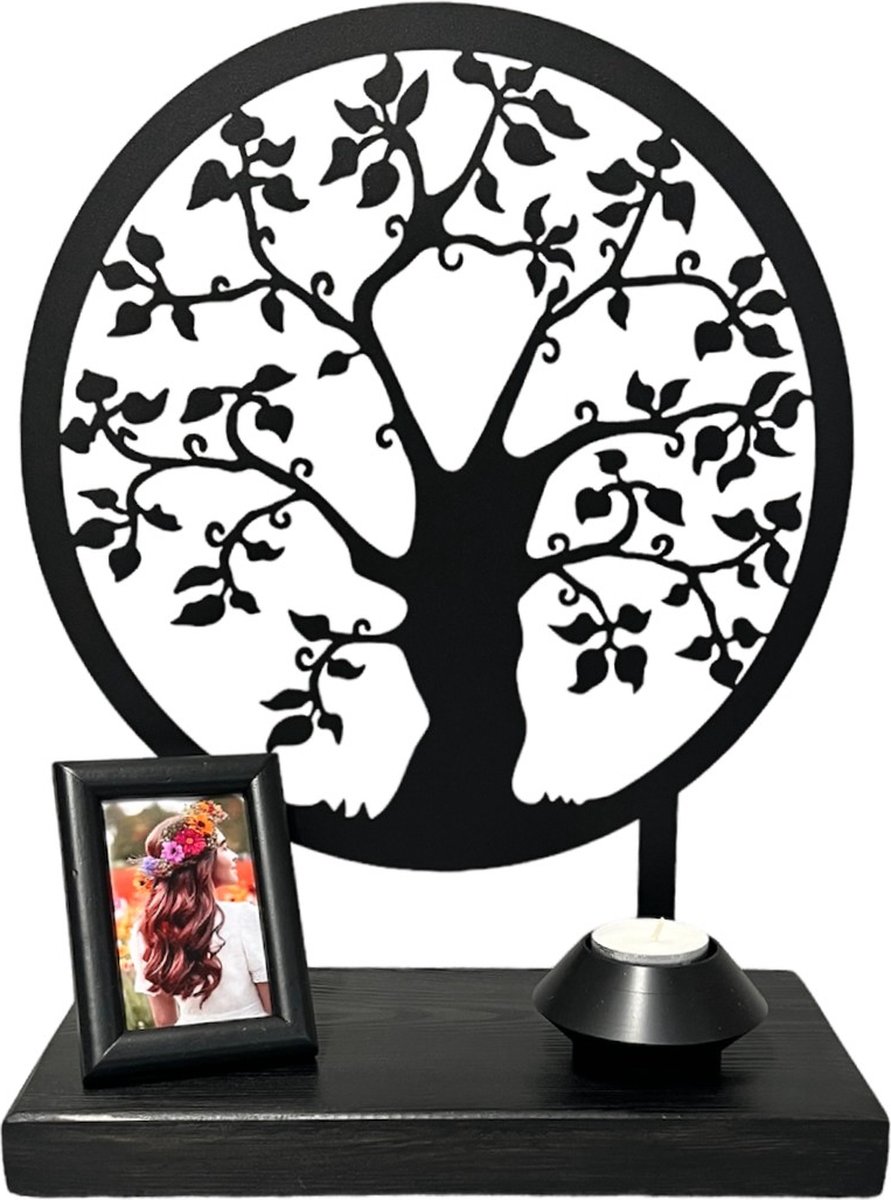 Exclusief - urn herinneringsboom - metaal in houten sokkel - 28cm - mini urn - kwaliteit - Uniek ontwerp